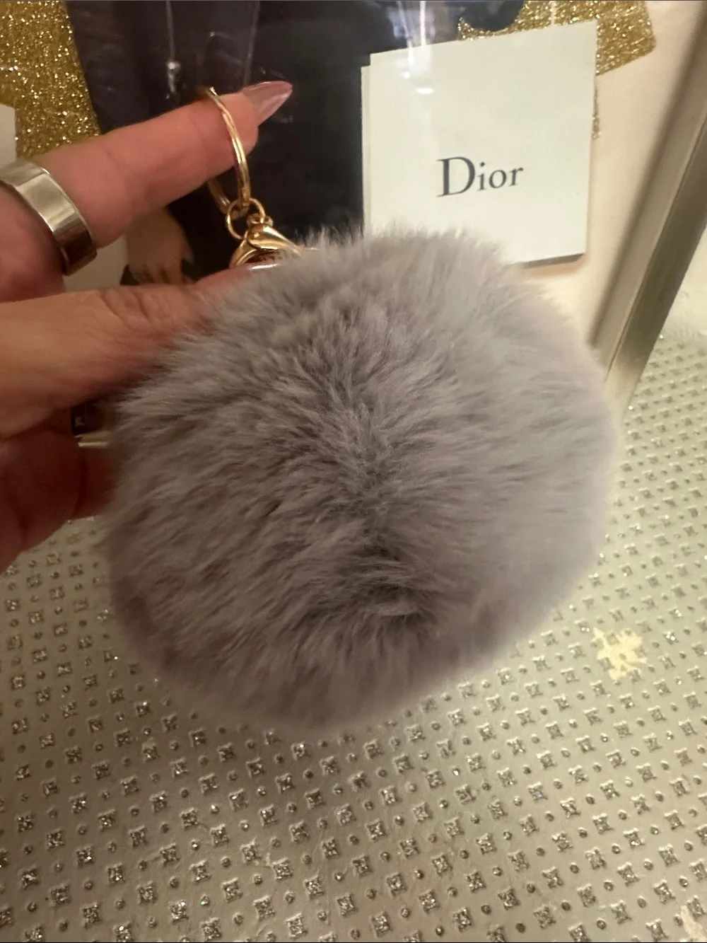 Minnie  Gray Fur Pom Pom Keychain with Black & White Charm
